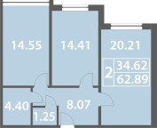 One bedroom apartment 62.89 sq. m.