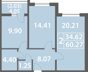 One bedroom apartment 60.27 sq. m.