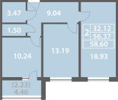 One bedroom apartment 56.37 (58.60) sq. m.