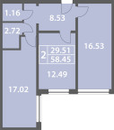 One bedroom apartment 58.45 sq. m.