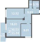 One bedroom apartment ​​55.44 sq. m.