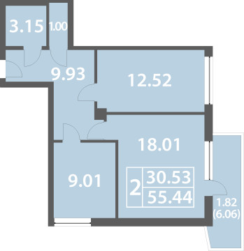 Оne bedroom apartment 55.44 sq. m.